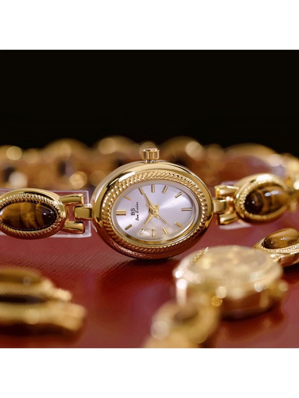 Women's Gold And Brown Analog Quartz Oval Dainty Vintage Bracelet Luxury Watch - Picture 5 of 6